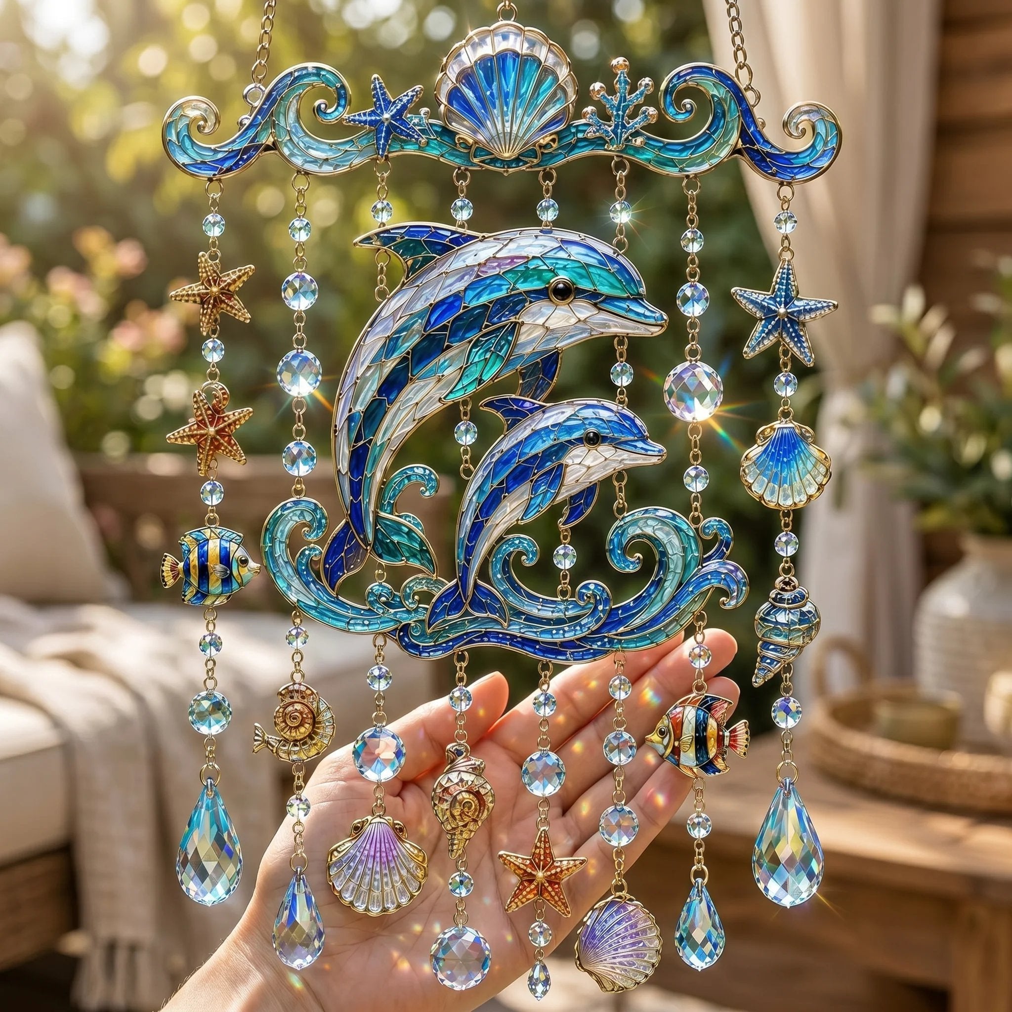 🐬🐢Ocean-Themed Crystal Wind Chime – 🌊Bring the Ocean Glow to Your Garden