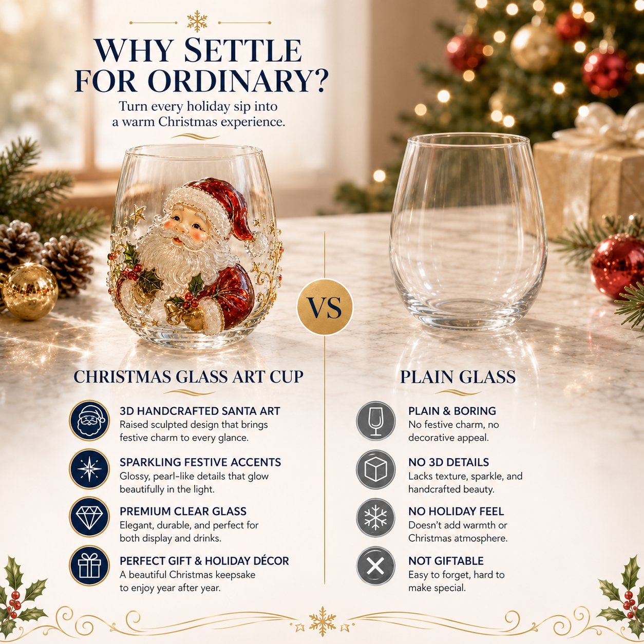 LSAT DAY 70% OFF🎅🎄 3D Christmas Glass Art Cup | Luxury Raised Holiday Glassware for Drinks, Decor & Christmas Gifts 🎁