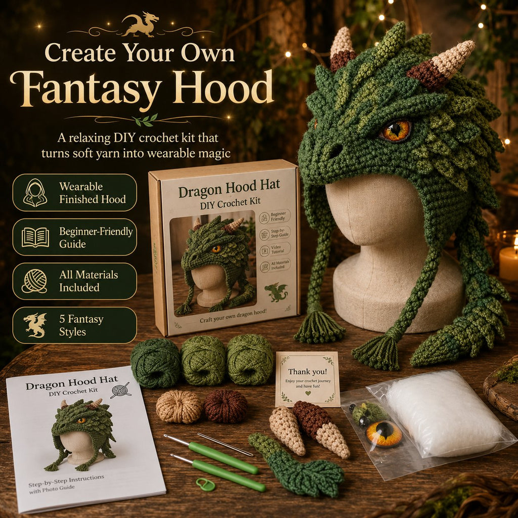 LSAT DAY 70% OFF🐉✨ Fantasy Hood Hat DIY Crochet Kit | Premium Soft Yarn Materials with Step-by-Step Guide DIY Handmade Wearable Character Hood 🧶🎭✨