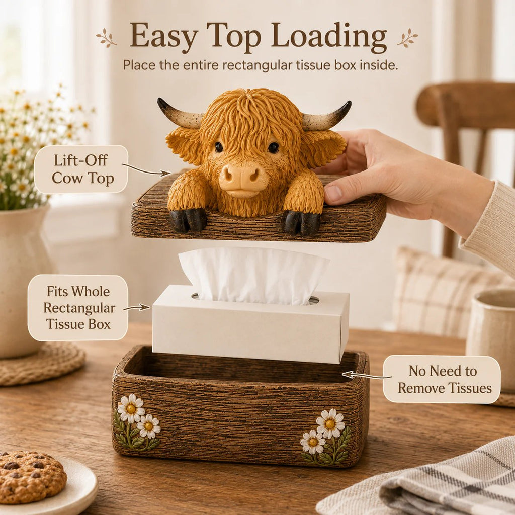 Adorable Highland Cow Farmhouse Collection – Salt & Pepper Holder or Tissue Box Cover