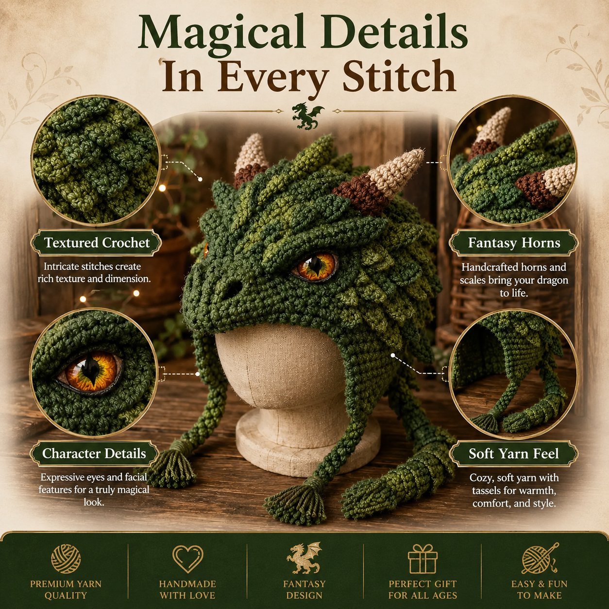 LSAT DAY 70% OFF🐉✨ Fantasy Hood Hat DIY Crochet Kit | Premium Soft Yarn Materials with Step-by-Step Guide DIY Handmade Wearable Character Hood 🧶🎭✨
