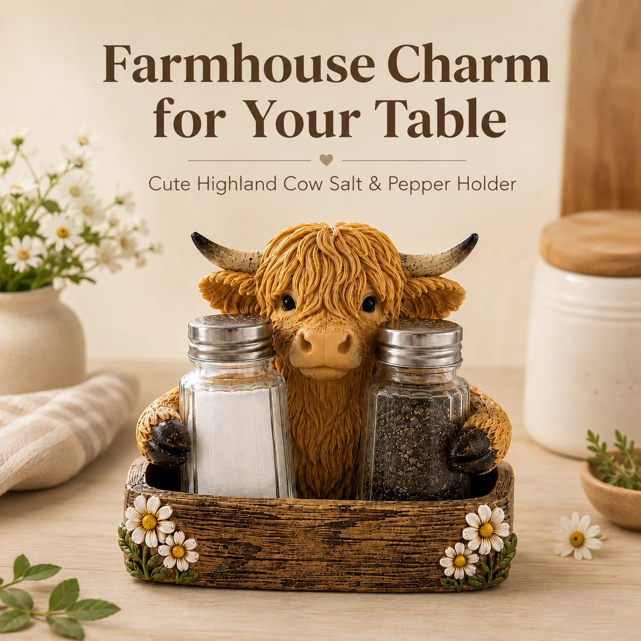 Adorable Highland Cow Farmhouse Collection – Salt & Pepper Holder or Tissue Box Cover