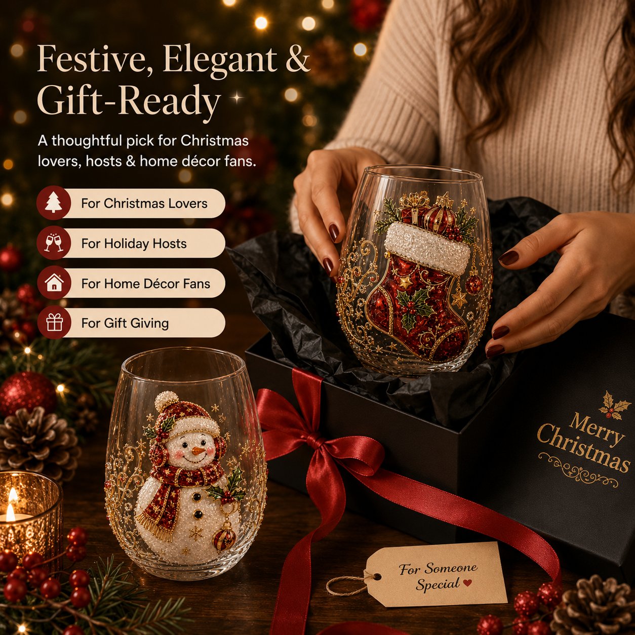 LSAT DAY 70% OFF🎅🎄 3D Christmas Glass Art Cup | Luxury Raised Holiday Glassware for Drinks, Decor & Christmas Gifts 🎁
