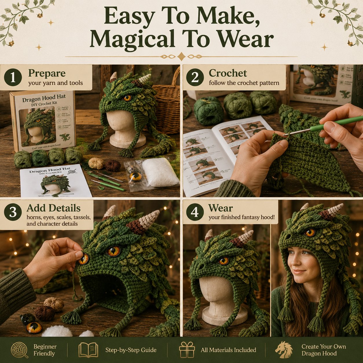 LSAT DAY 70% OFF🐉✨ Fantasy Hood Hat DIY Crochet Kit | Premium Soft Yarn Materials with Step-by-Step Guide DIY Handmade Wearable Character Hood 🧶🎭✨