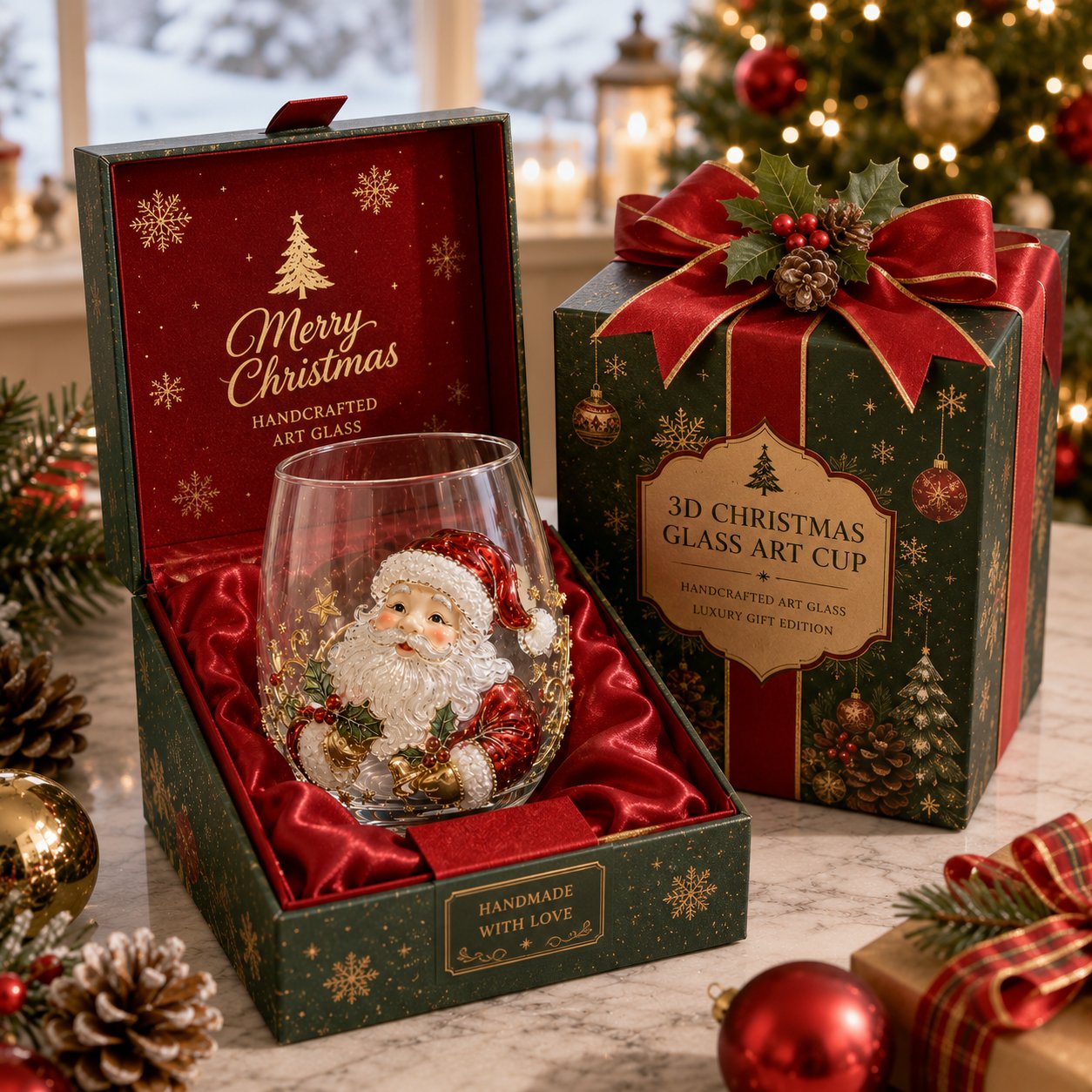LSAT DAY 70% OFF🎅🎄 3D Christmas Glass Art Cup | Luxury Raised Holiday Glassware for Drinks, Decor & Christmas Gifts 🎁