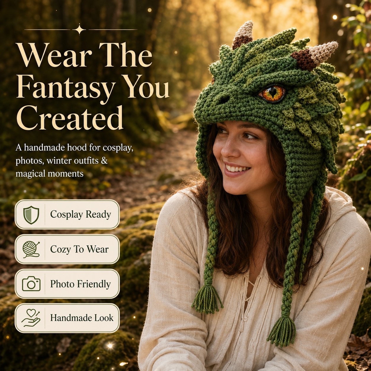 LSAT DAY 70% OFF🐉✨ Fantasy Hood Hat DIY Crochet Kit | Premium Soft Yarn Materials with Step-by-Step Guide DIY Handmade Wearable Character Hood 🧶🎭✨