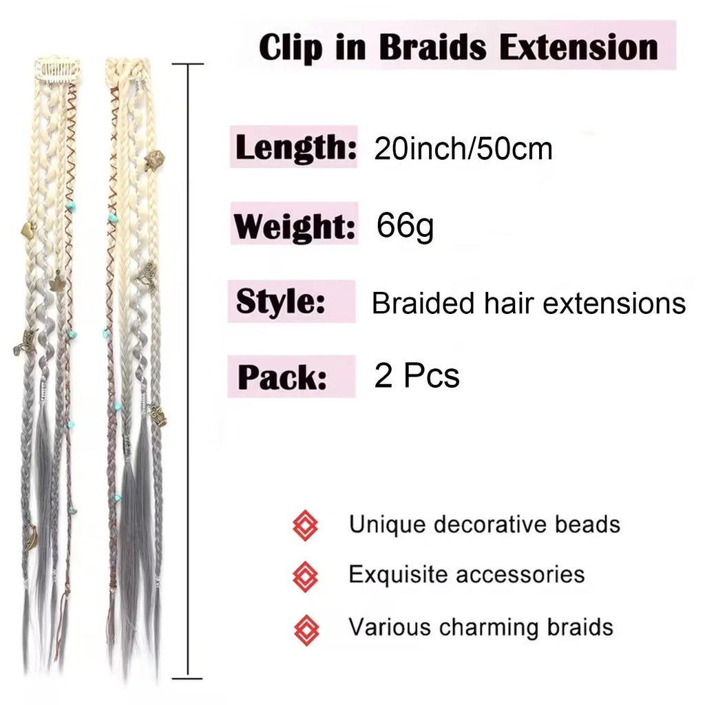 🔥🆕 2026 Boho Dreadlock Clip-In Hair Extensions 🌿 – 20" Braided Hair with Beads & Charms