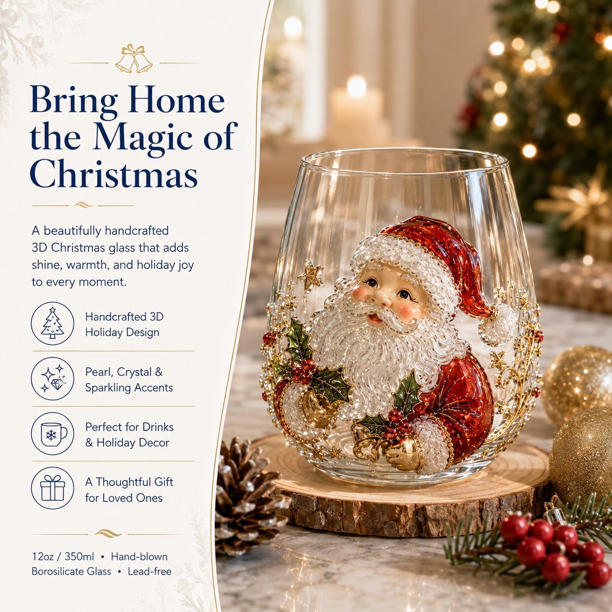 LSAT DAY 70% OFF🎅🎄 3D Christmas Glass Art Cup | Luxury Raised Holiday Glassware for Drinks, Decor & Christmas Gifts 🎁