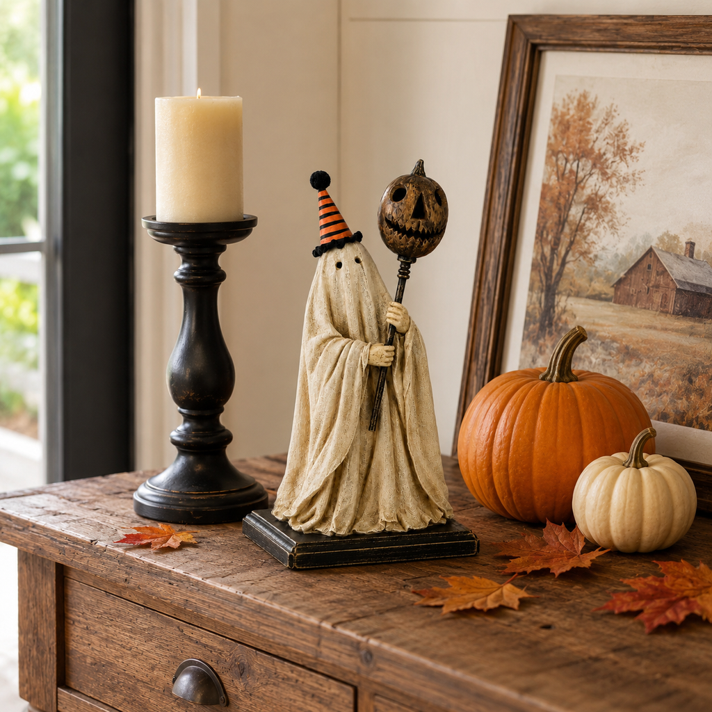 Summerween Sale 70% OFF - Lighted Vintage Ghost Figurine with Glowing Pumpkin Staff