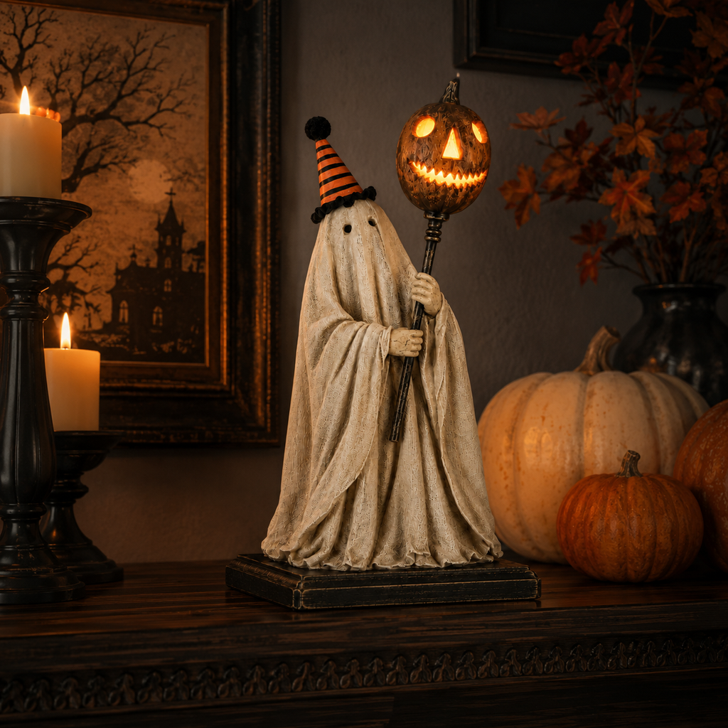 Summerween Sale 70% OFF - Lighted Vintage Ghost Figurine with Glowing Pumpkin Staff