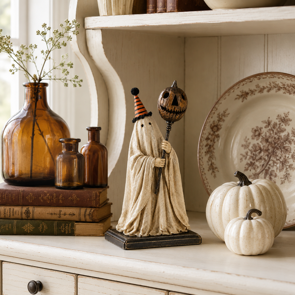 Summerween Sale 70% OFF - Lighted Vintage Ghost Figurine with Glowing Pumpkin Staff