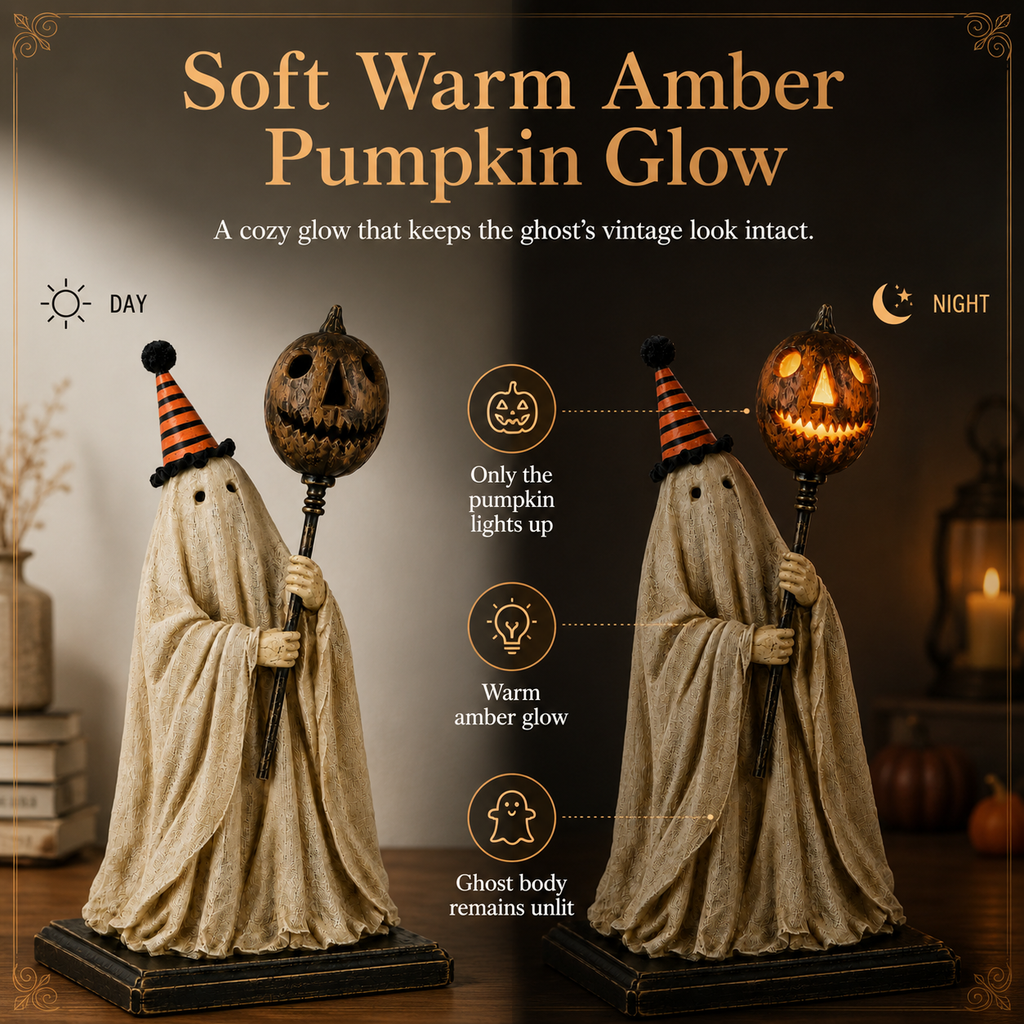 Summerween Sale 70% OFF - Lighted Vintage Ghost Figurine with Glowing Pumpkin Staff