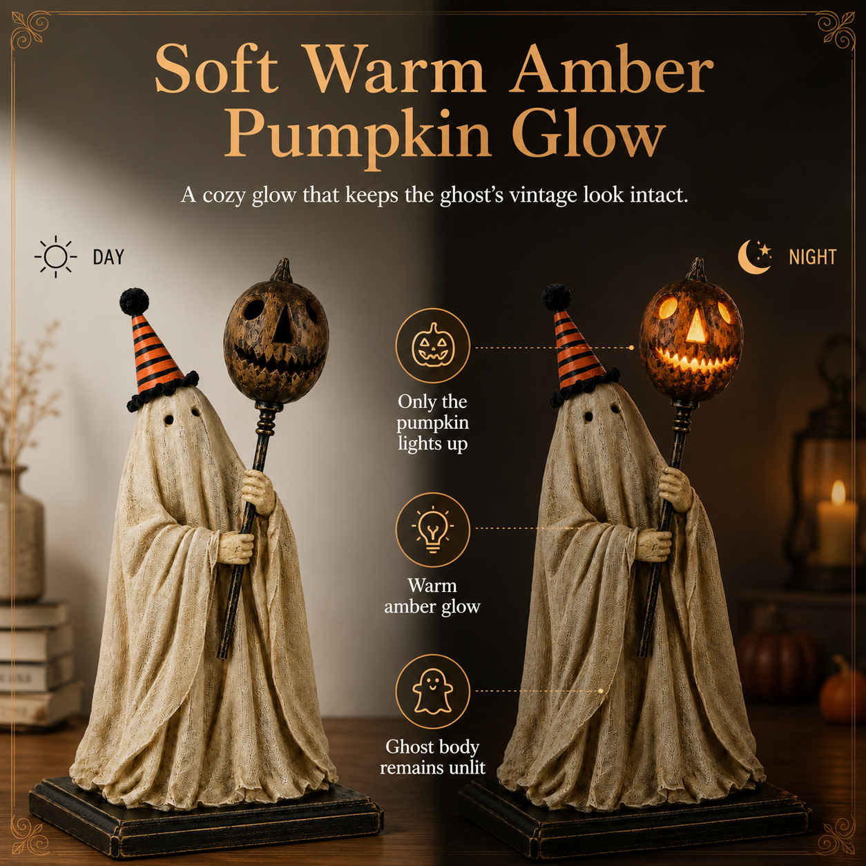 Summerween Sale 70% OFF - Lighted Vintage Ghost Figurine with Glowing Pumpkin Staff