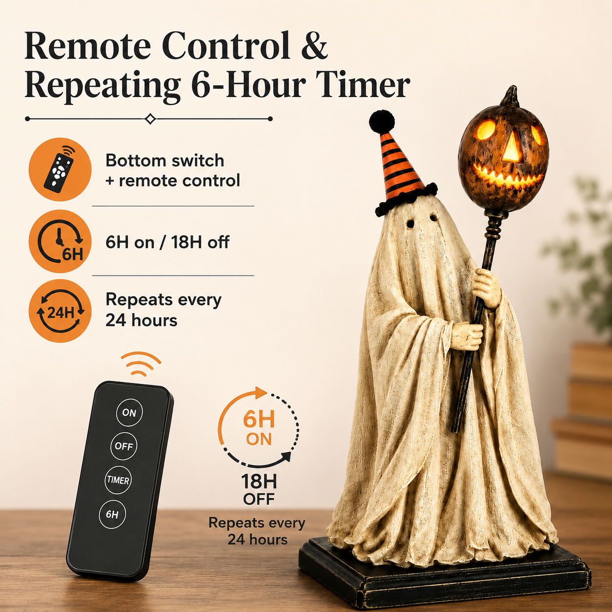 Summerween Sale 70% OFF - Lighted Vintage Ghost Figurine with Glowing Pumpkin Staff