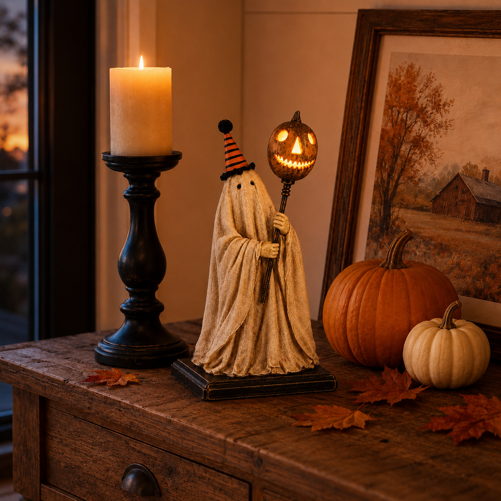 Summerween Sale 70% OFF - Lighted Vintage Ghost Figurine with Glowing Pumpkin Staff