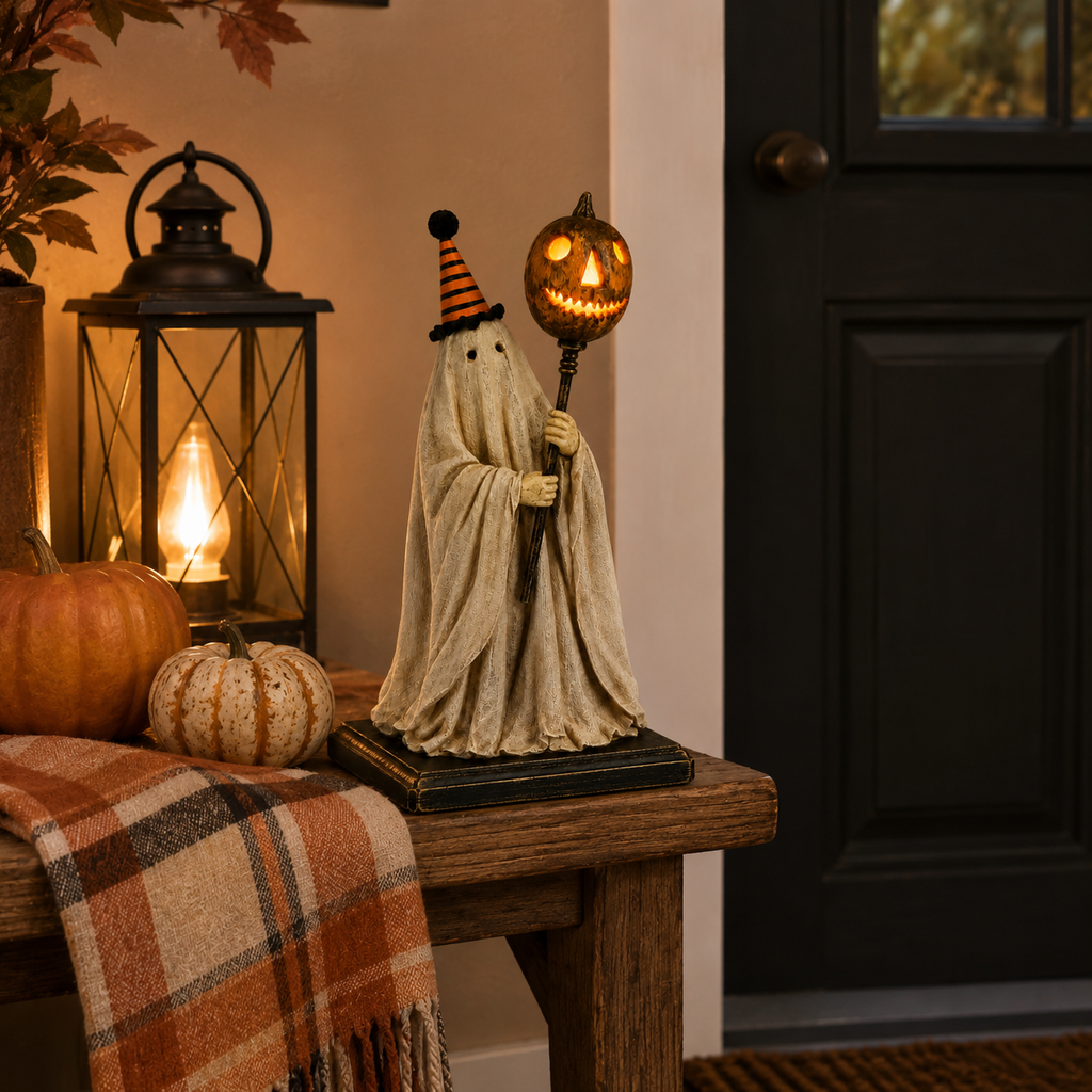 Summerween Sale 70% OFF - Lighted Vintage Ghost Figurine with Glowing Pumpkin Staff