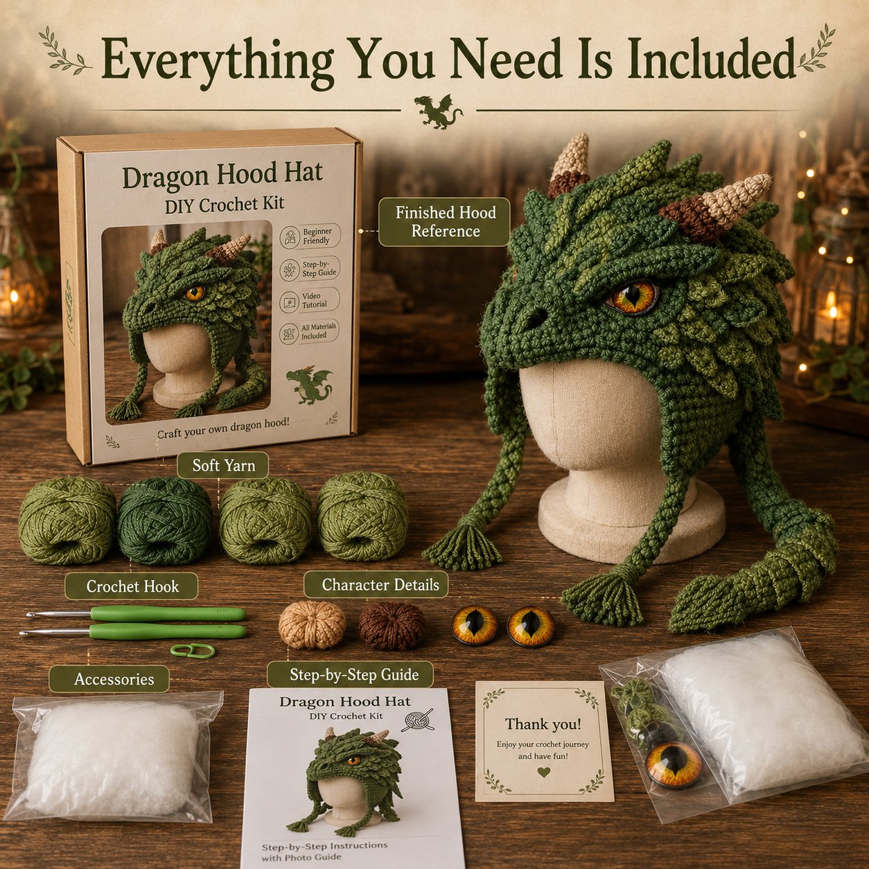 LSAT DAY 70% OFF🐉✨ Fantasy Hood Hat DIY Crochet Kit | Premium Soft Yarn Materials with Step-by-Step Guide DIY Handmade Wearable Character Hood 🧶🎭✨