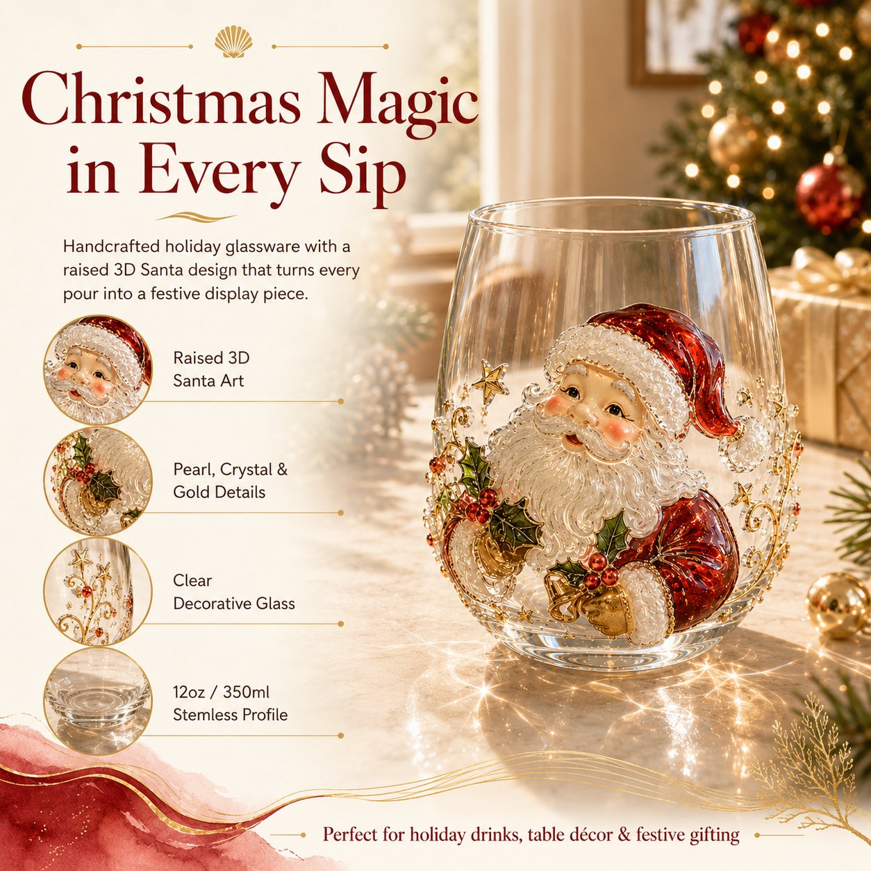 LSAT DAY 70% OFF🎅🎄 3D Christmas Glass Art Cup | Luxury Raised Holiday Glassware for Drinks, Decor & Christmas Gifts 🎁
