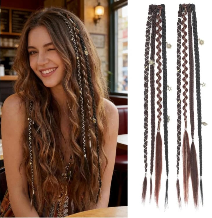 🔥🆕 2026 Boho Dreadlock Clip-In Hair Extensions 🌿 – 20" Braided Hair with Beads & Charms